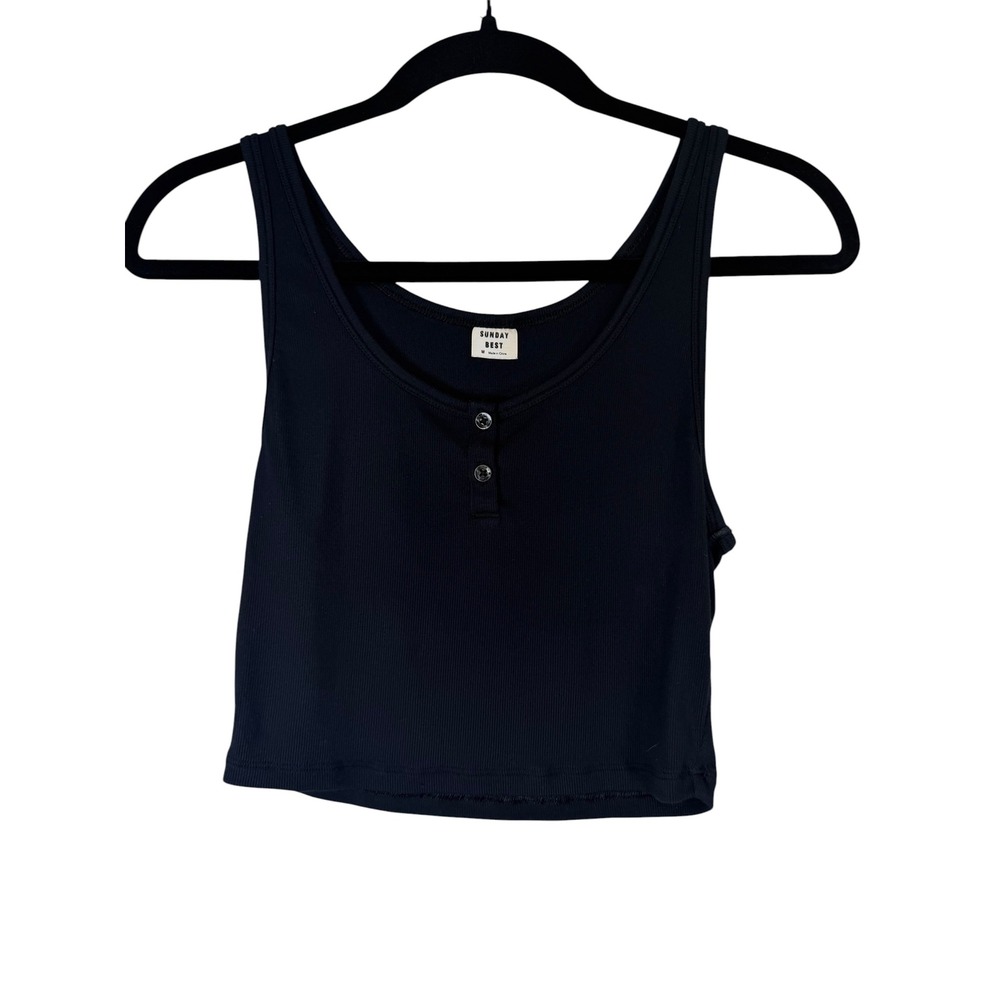 Sunday Best Aritzia Black Ribbed Henley Tank Top Cropped Size M